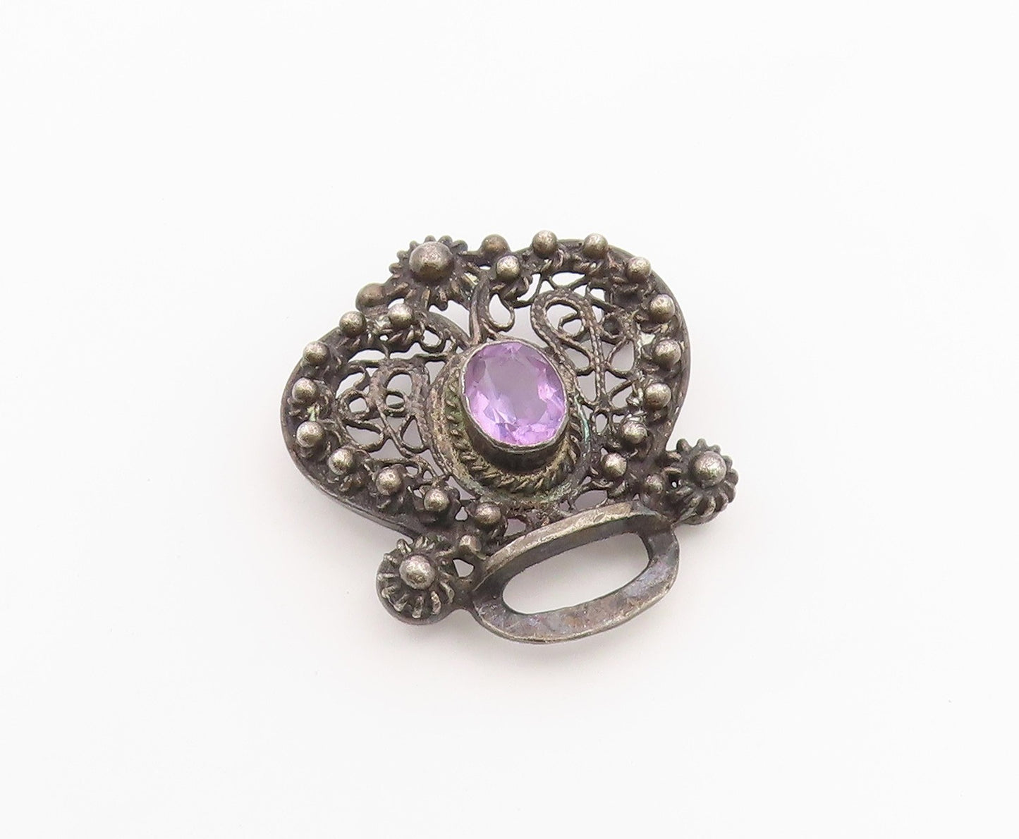 925 Sterling Silver Vintage Brooch Pin Classic Amethyst Floral Openwork  BP12588