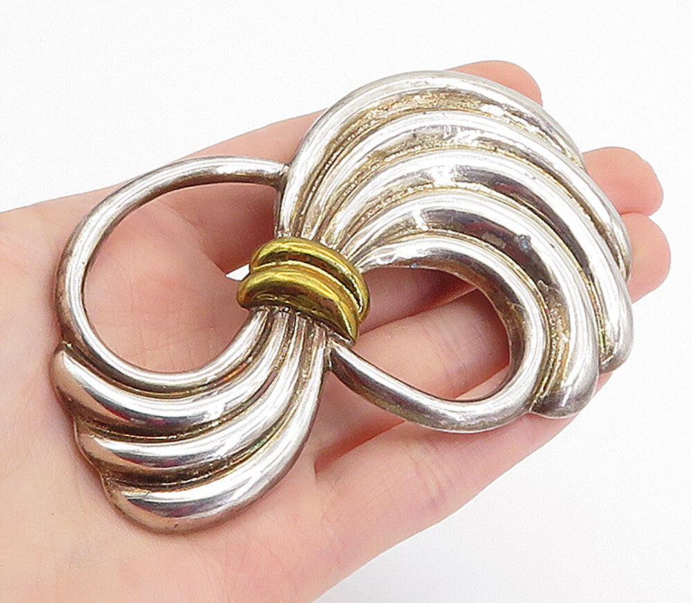 MEXICO 925 Sterling Silver  Vintage Two Tone Fluted Swirl Brooch Pin  BP1669