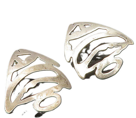 925 Sterling Silver  Vintage Shiny Cutout Fish Motif Dangle Earrings  EG10223