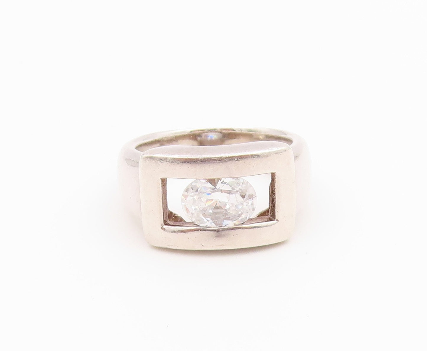 925 Sterling Silver Vintage Ring Modernist CZ Halo Geometric Band  Sz 8  RG36429