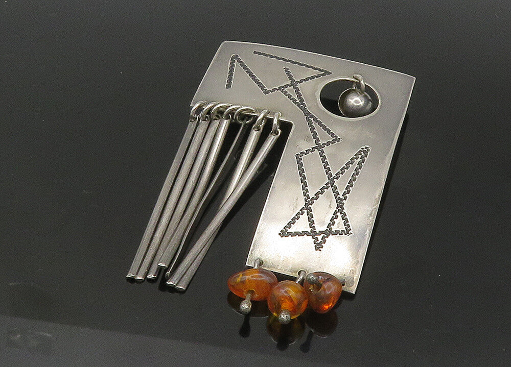 925 Sterling Silver  Vintage Modernist Dangling Amber Brooch Pin  BP8307