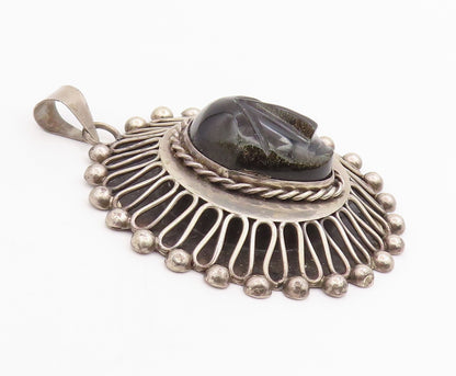 925 Sterling Silver Vintage Pendant MEXICO Carved Onyx Mayan Tribal Face PT25733