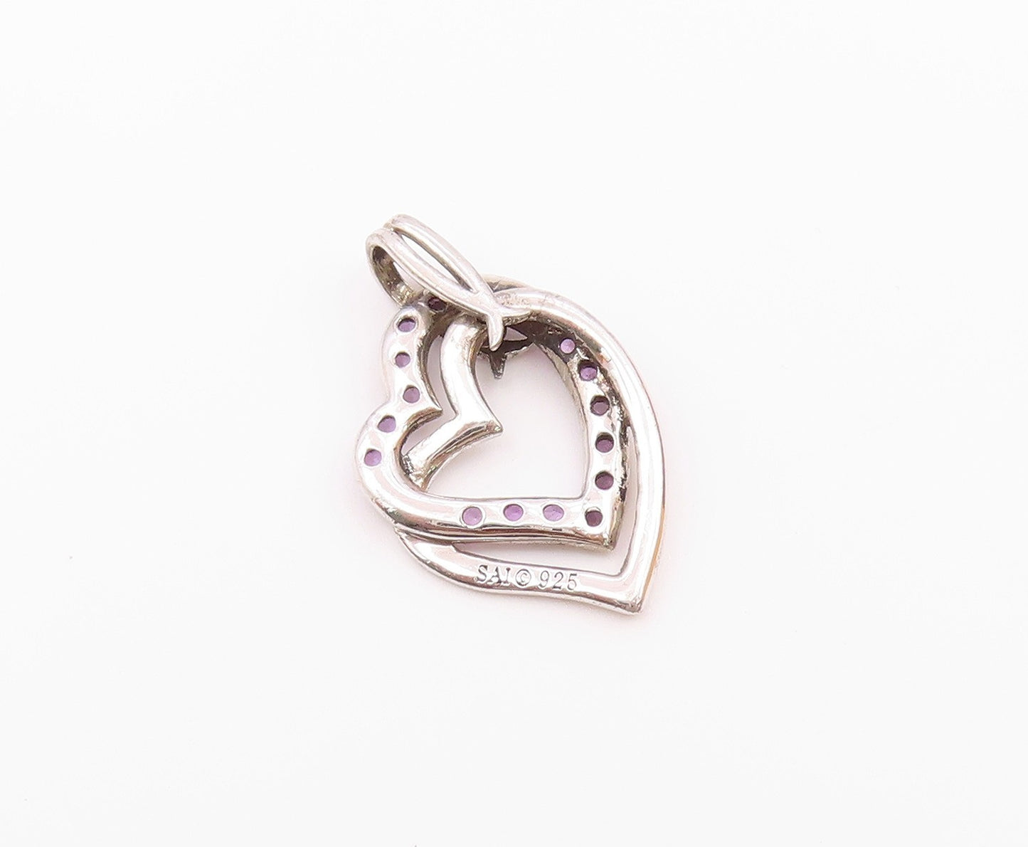 925 Sterling Silver  Vintage Amethyst Open Love Hearts Pendant  PT19117