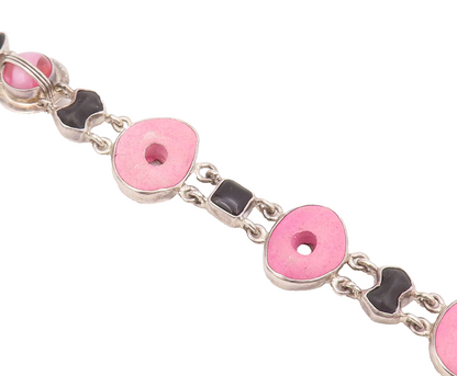 925 Sterling Silver Vintage Bracelet Linked Bubblegum Pink Donut Onyx  BT10378