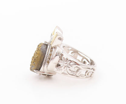 925 Sterling Silver Vintage Ring Drusy Quartz & CZ Eyed Owl  Sz 5.5  RG32621
