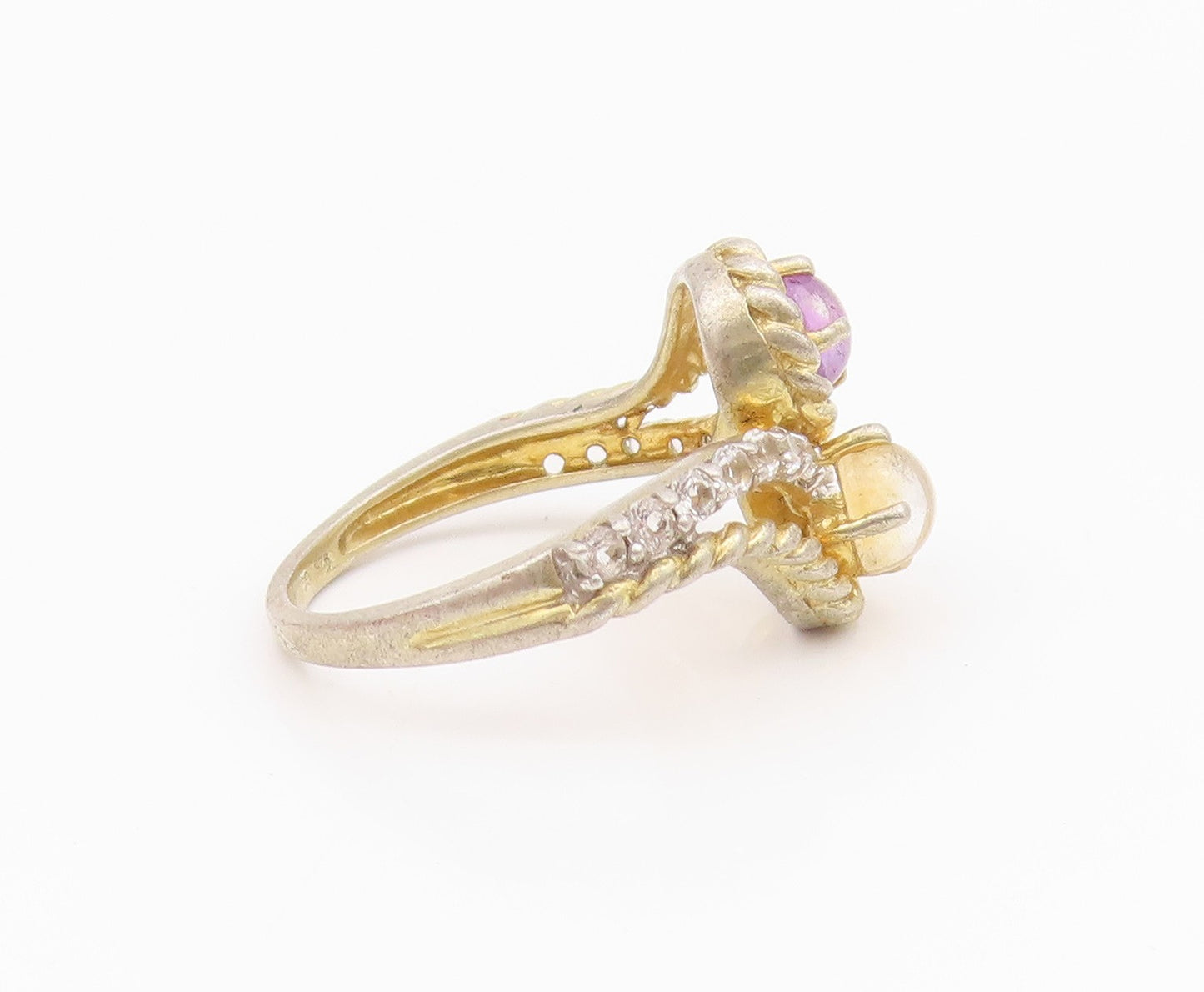 925 Sterling Silver Vintage Ring Gold Plated Roped Amethyst Citrine Sz 7 RG33015