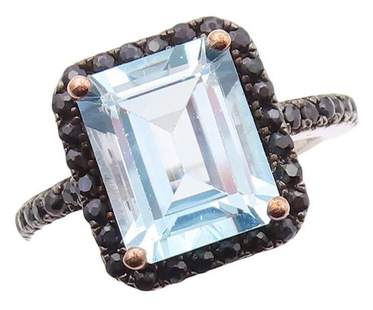 925 Sterling Silver Vintage Ring Rectangle Blue Topaz Halo Spinel  Sz 7 RG30843