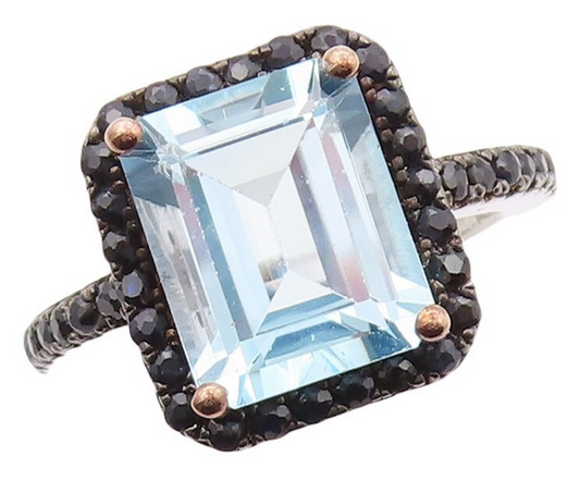 925 Sterling Silver Vintage Ring Rectangle Blue Topaz Halo Spinel  Sz 7 RG30843