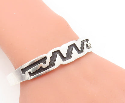 MEXICO 925 Sterling Silver  Vintage Shiny Enamel Pattern Cuff Bracelet  BT1597