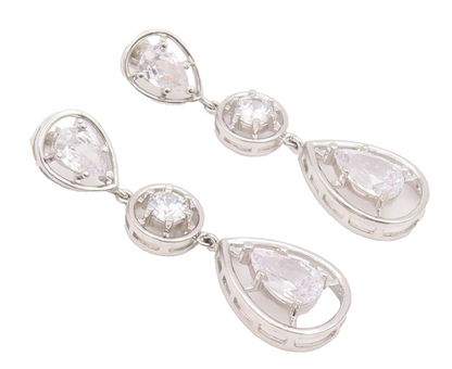 925 Sterling Silver Vintage Earrings Cutout Border Round & Pear Drop CZ  EG12807
