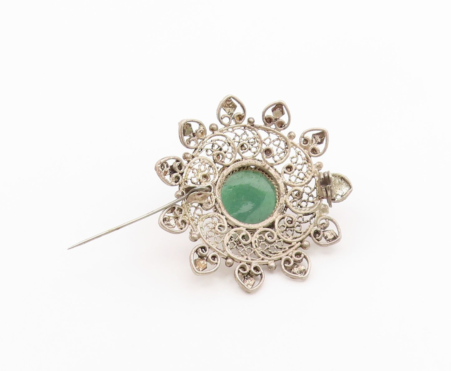 925 Sterling Silver  Vintage Green Onyx Floral Filigree Brooch Pin  BP9431