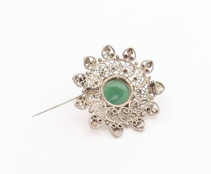 925 Sterling Silver  Vintage Green Onyx Floral Filigree Brooch Pin  BP9431