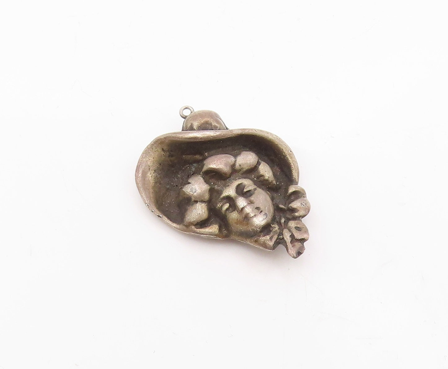 925 Sterling Silver  Vintage Antique Woman In Hat Dark Tone Pendant  PT16189