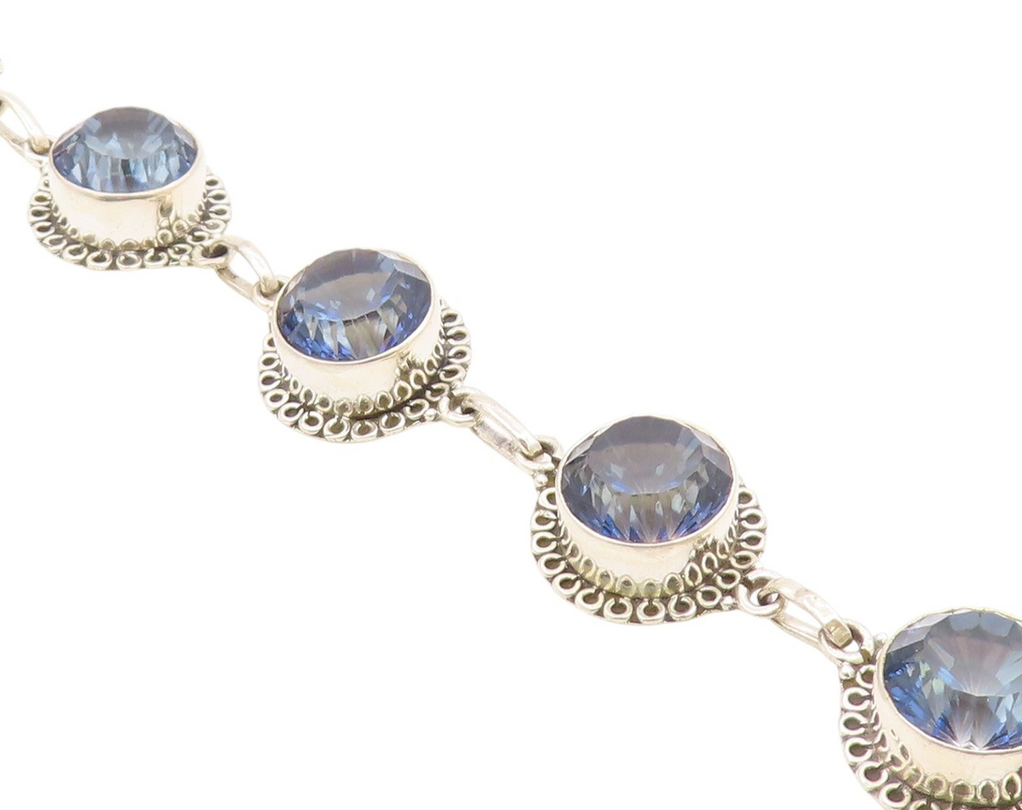 925 Sterling Silver Faceted Blue Topaz Shiny Floral Chain Bracelet BT3815