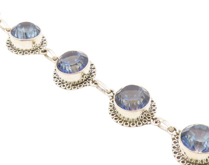 925 Sterling Silver Faceted Blue Topaz Shiny Floral Chain Bracelet BT3815