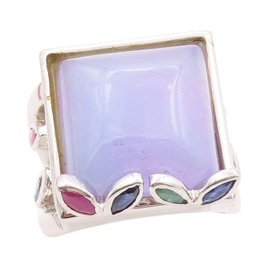 925 Sterling Silver Vintage Ring Gemstone Leaves Square Chalcedony Sz 6  RG32498