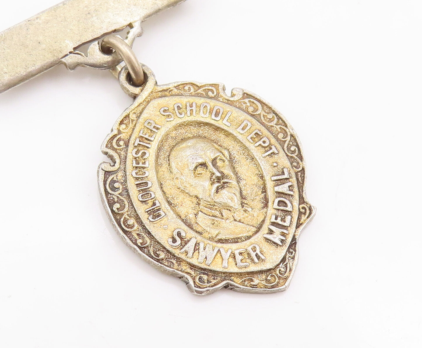 925 Sterling Silver Vintage Brooch Pin Gold Plated Dangling Sawyer Medal BP10977