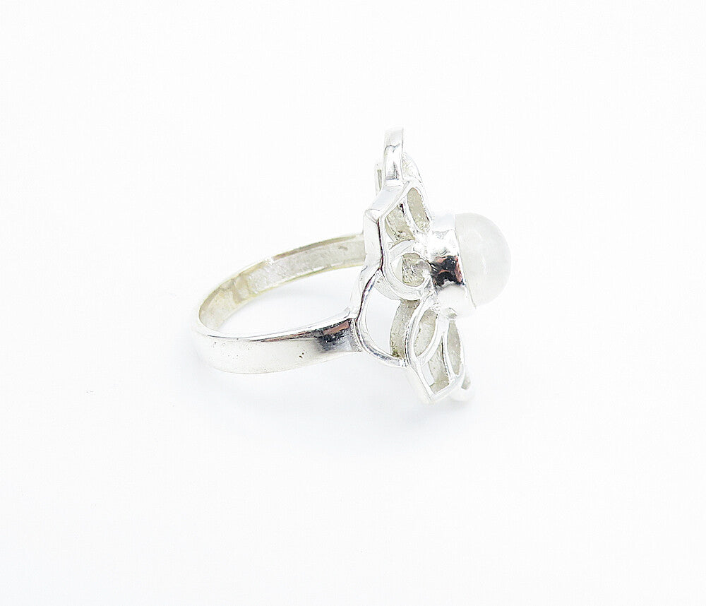 925 Sterling Silver Moonstone Open Floral Design Cocktail Ring Sz 7 RG8058