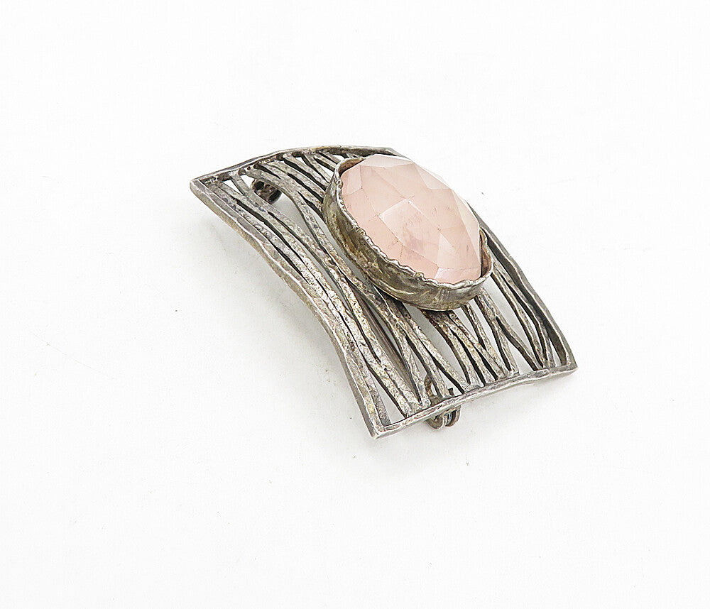925 Sterling Silver  Vintage Faceted Rose Quartz Hammered Brooch Pin  BP3106