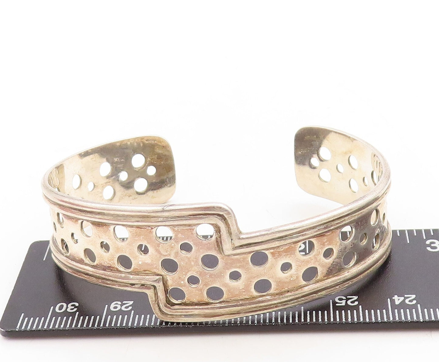 925 Sterling Silver Vintage Bracelet GEOART Designer Polka dot Cut Cuff BT10951