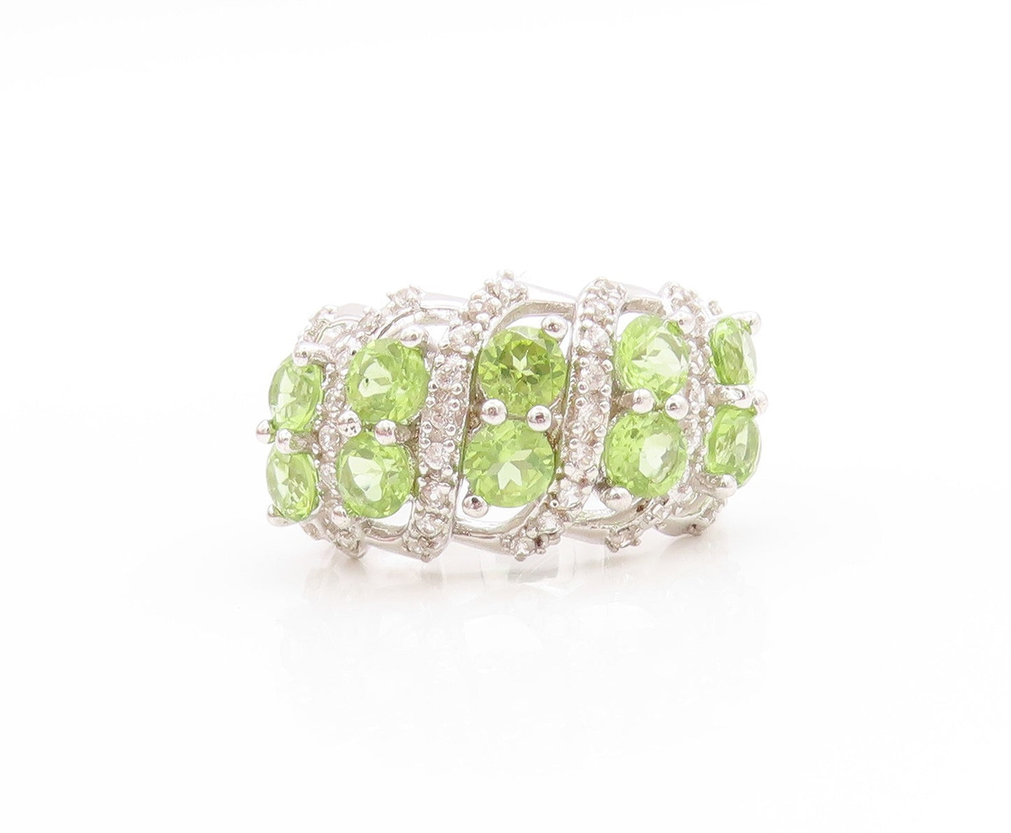 925 Sterling Silver Vintage Ring Round Peridot & CZ Crossover Band Sz 6 RG33734