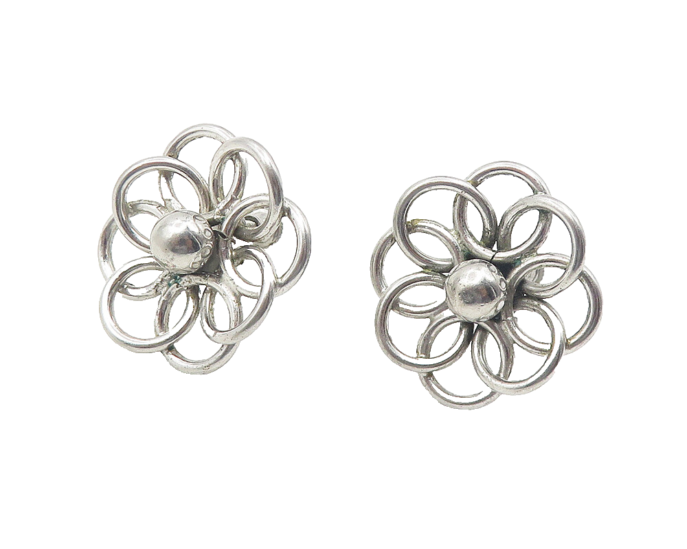 925 Sterling Silver  Vintage Shiny Open Flower Non Pierce Earrings  EG5969