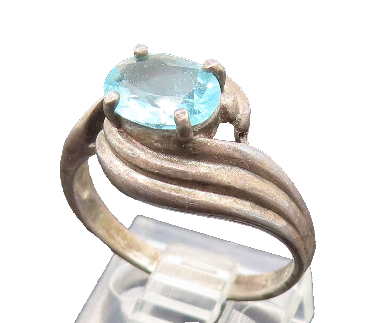 925 Silver  Vintage Oval Blue Topaz Ribbed Swirl Frame Ring Sz 7.25  RG26200