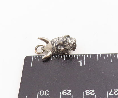 925 Sterling Silver Vintage Pendant Horned Helmet Warrior Head Charm  PT25375