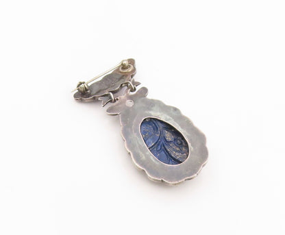 925 Sterling Silver Vintage Brooch Pin CHINESE EXPORT Lapis Lazuli  BP12532