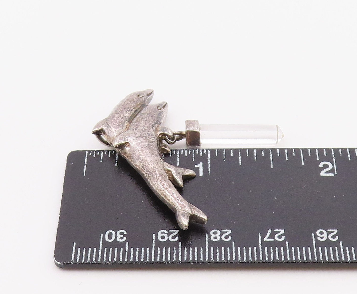 925 Sterling Silver  Vintage White Topaz Wand Double Dolphins Pendant  PT15846