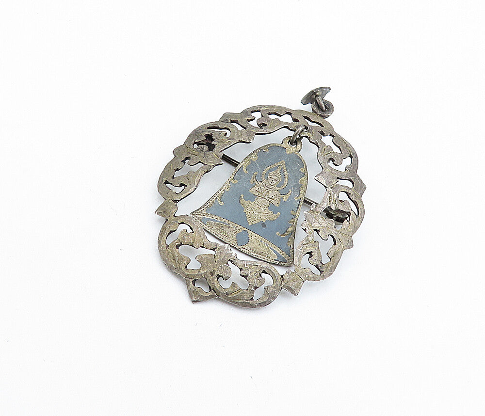 SIAM 925 Silver  Vintage Antique Niello Dangling Bell Brooch Pin  BP2169