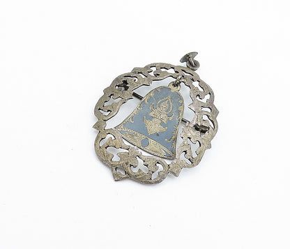 SIAM 925 Silver  Vintage Antique Niello Dangling Bell Brooch Pin  BP2169