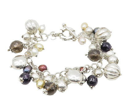 925 Silver  Vintage Shiny Pearls Hematite & Topaz Chain Bracelet  BT6905