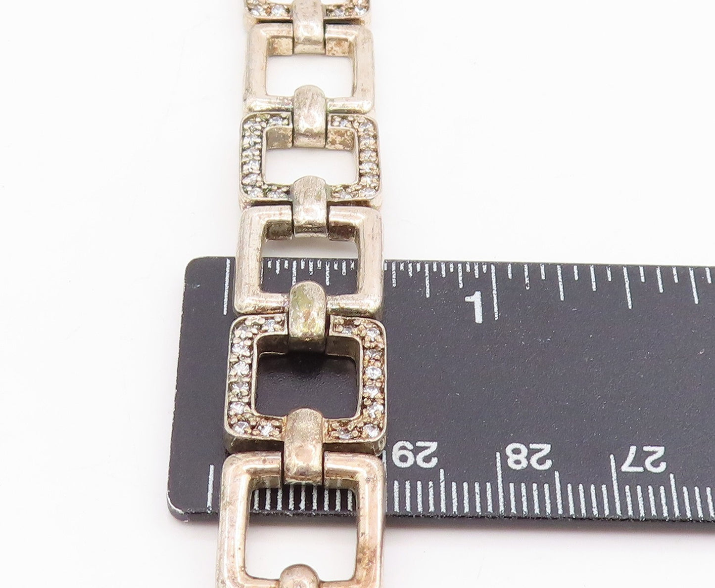 925 Sterling Silver Vintage Bracelet CZ Hollow Geometric Square Link  BT11698