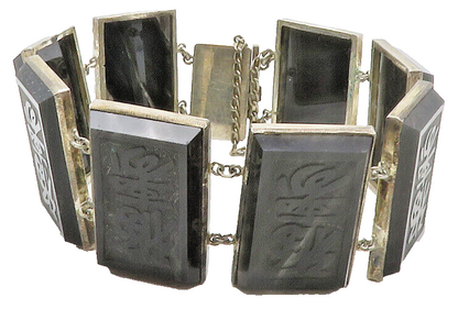 925 Sterling Silver  Vintage Black Onyx Chinese Writing Chain Bracelet  BT4836