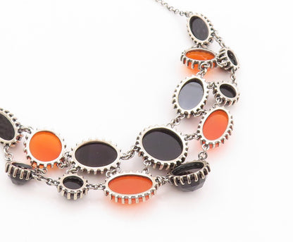 925 Sterling Silver Vintage Necklace Oval & Round Cut Carnelian & Onyx  NE4557