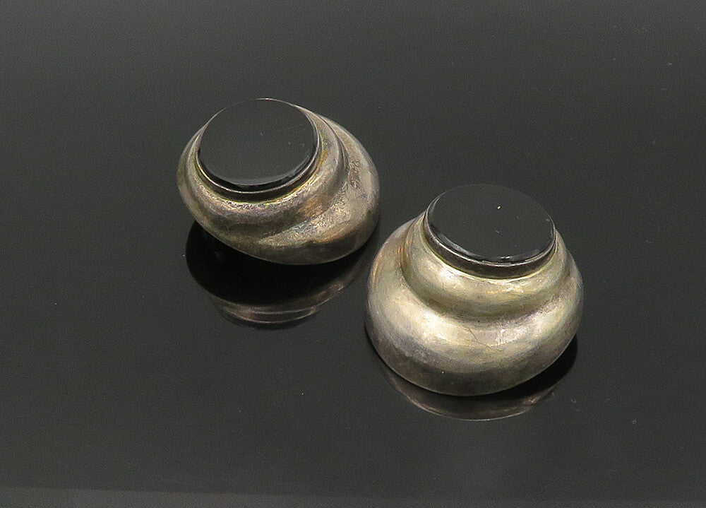 JRE MEXICO 925 Silver  Vintage Black Onyx Hollow Non Pierce Earrings  EG11154