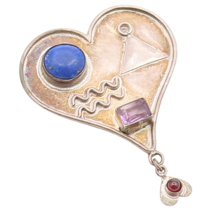 925 Sterling Silver Vintage Brooch Pin Multi Gemstone Mystic Love Heart  BP12640
