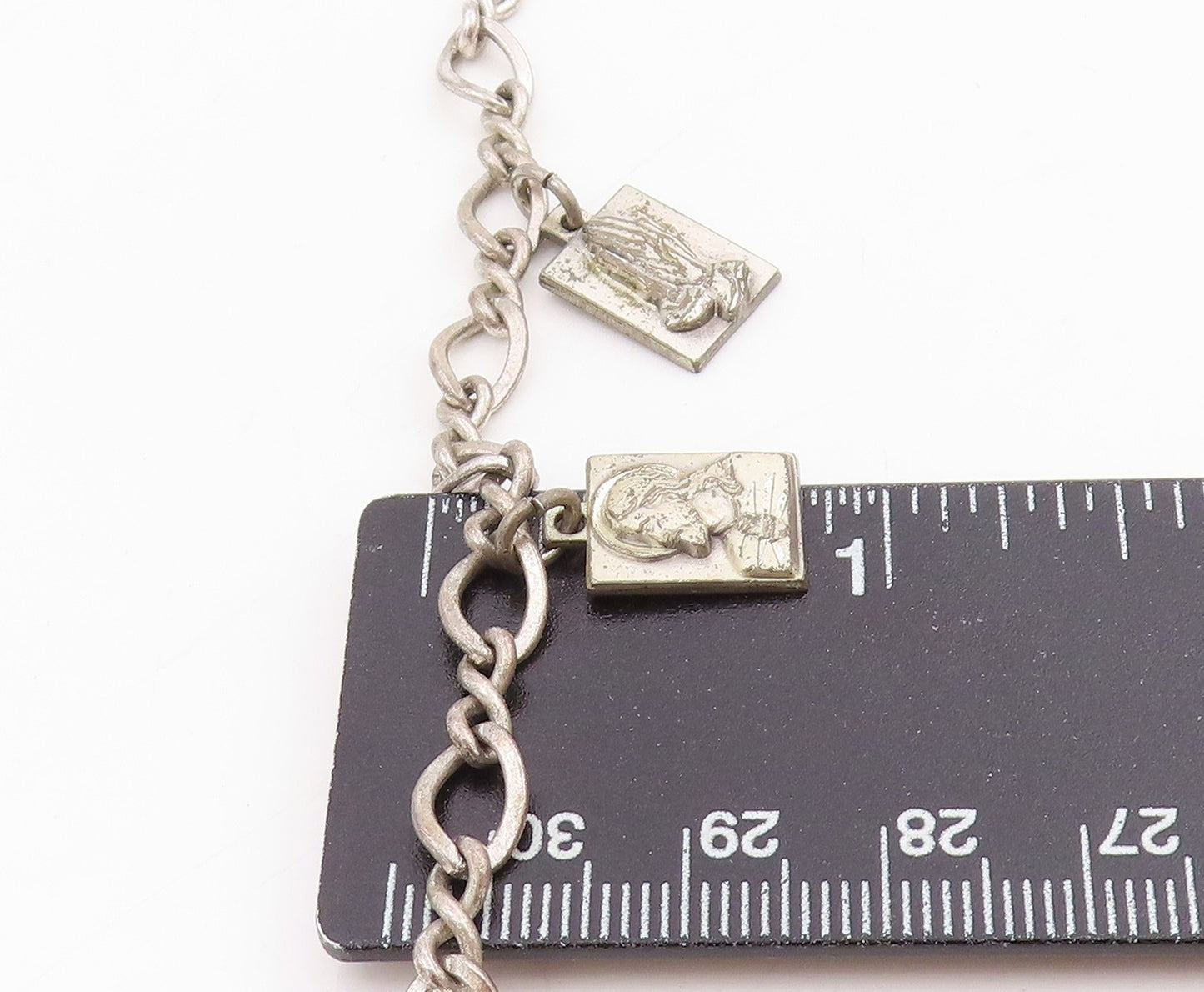 925 Sterling Silver Vintage Bracelet Carved Religious Dangling Charms  BT11501