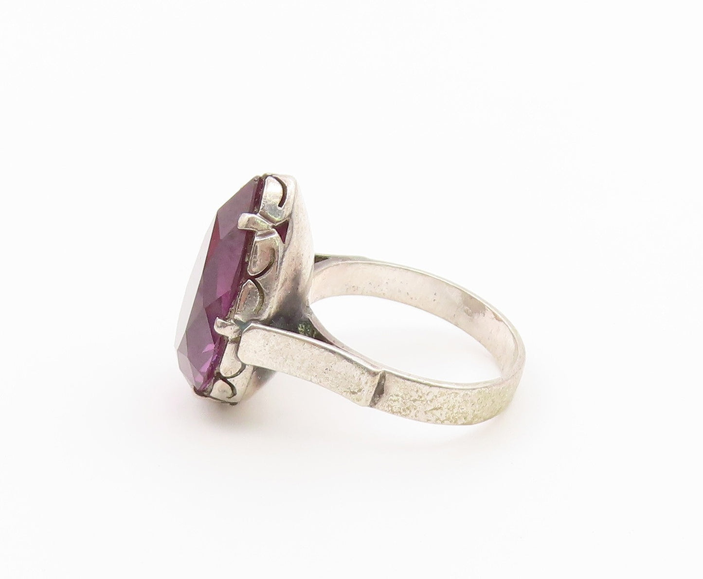 925 Sterling Silver Vintage Ring Pear Cut Amethyst Statement Band  Sz 7  RG36854
