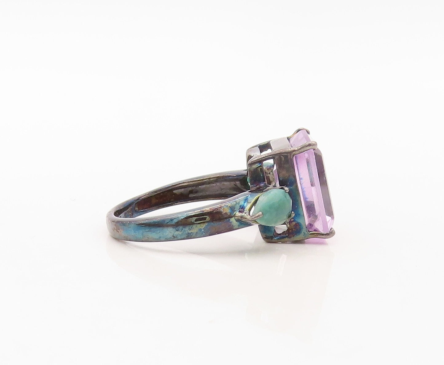 925 Sterling Silver Vintage Ring Amethyst & Drop Cut Green Gemstone Sz 8 RG30224