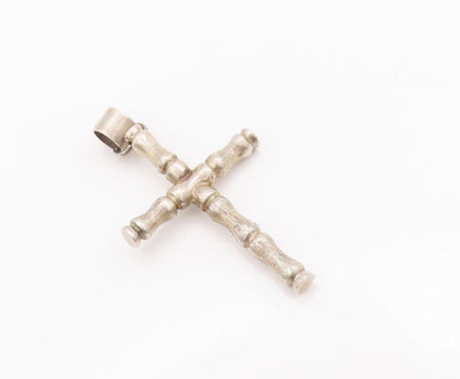925 Sterling Silver Vintage Pendant Bamboo Stick Carved Religious Cross  PT23032