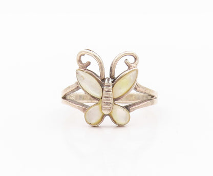 925 Sterling Silver Vintage Ring Mother Of Pearls Inlay Butterfly  SZ 8  RG32278