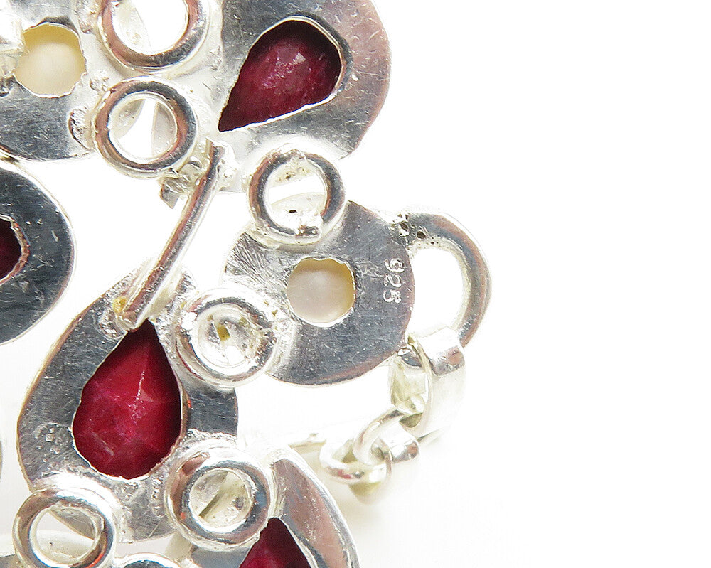 925 Sterling Silver  Freshwater Pearls & Tear Drop Ruby Chain Bracelet  BT7652