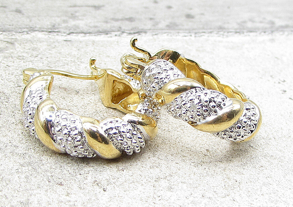 Gold Over 925 Sterling Silver Genuine Diamonds Twisted Hoop Earrings EG1046