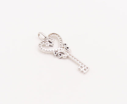 925 Sterling Silver Vintage Pendant Carved Topaz & Sapphire Inlay Key  PT22643