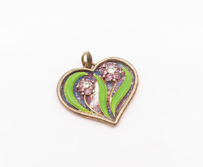 LENOX 925 Silver  Vintage Topaz & Enamel Floral Love Heart Pendant  PT15723