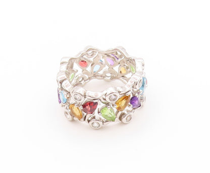 925 Sterling Silver Vintage Ring Brutalist Drop & Round Gemstones Sz 7.5 RG32680