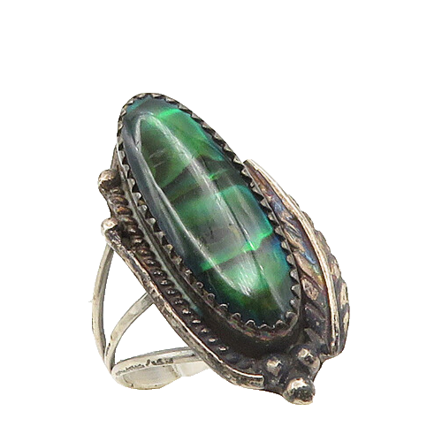 NAVAJO 925 Sterling Silver  Vintage Abalone Shell Feather Ring Sz 8  RG18568