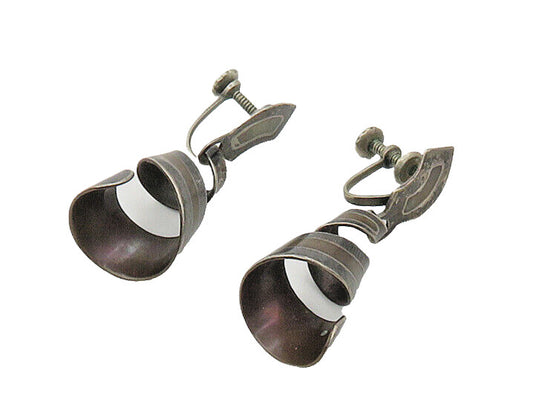 TAXCO 925 Sterling Silver  Vintage Ribbon Swirl Non Pierce Earrings  EG10675